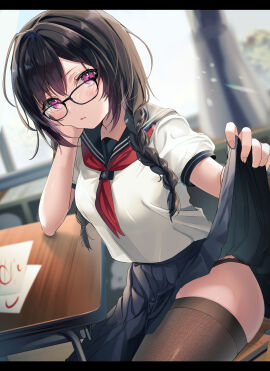 artist_request black_hair black_panties blue_sailor_collar blue_skirt blush braid brown_thighhighs character_request classroom clothes_lift desk female glasses hand_on_own_cheek hand_on_own_face head_rest indoors jimiko letterboxed lifting_own_clothes long_hair looking_at_viewer low_twintails neckerchief panties panty_straps parted_lips pleated_skirt purple_eyes red_neckerchief sailor_collar school_desk school_uniform serafuku shirt short_sleeves skirt skirt_lift solo thighhighs twin_braids twintails underwear white_shirt
