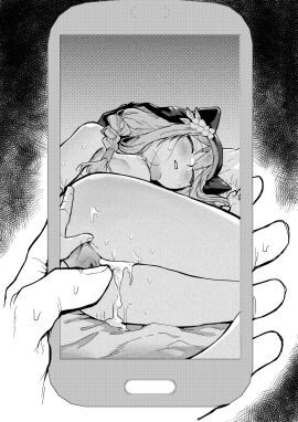 after_sex anus blue_archive blush breasts cellphone closed_eyes completely_nude cum cum_in_pussy cumdrip female greyscale highres long_hair lying mari_(blue_archive) monochrome nude on_side parted_lips phone pussy sisterhood_(blue_archive) small_breasts smartphone solo spread_anus sweat trinity_general_school_student yuki_wosora