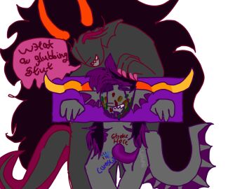 age_difference artist_request cum_on_face degradation dialog eyepatch fantroll female femdom homestuck humiliation source_request stockade tail tentabulge the_condesce writing_on_body
