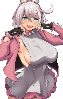 1girls absurdres ahoge aqua_eyes black_gloves bracelet breasts collar dress elphelt_valentine female fingerless_gloves frilled_dress frills gloves guilty_gear guilty_gear_strive hairband highres huge_ahoge jacket jewelry large_breasts looking_at_viewer open_mouth pink_jacket scrapy short_hair sideboob smile spiked_bracelet spiked_collar spiked_hairband spikes white_hair