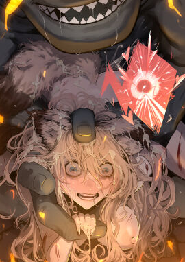 absurdres ape arm_grab arm_held_back blonde_hair blue_hair blush breasts completely_nude crying crying_with_eyes_open cum defeat female freckles haplorhine injury long_hair medium_breasts monster nipples nude open_mouth primate pussy red_eyes restrained ryona sex sex_from_behind shitappa0120 size_difference straight tears torn_clothes vaginal_penetration zoophilia