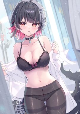 1girls black-haired_female black_bra black_hair black_hair_female black_panties blush bra breasts cameltoe collar collared_shirt ellen_joe female female_only huge_breasts kemonomimi large_breasts lingerie lolipop looking_at_viewer mikaze_oto open_shirt panties pantyhose popsicle_in_mouth red-eyed_female red_eyes red_eyes_female shark_girl shark_tail short-haired_female short_hair short_hair_female sole_female two-tone_hair zenless_zone_zero