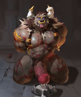 2_horns abs anthro beard biceps big_muscles big_penis blizzard_entertainment bodily_fluids bondage bovid bovine bowl brown_body cattle collar container cum cum_drip cum_dripping_from_penis cum_in_bowl cum_in_container dripping erection eye_scar facial_hair facial_piercing facial_scar foreskin front_view fu_touer genital_fluids genitals hair hands_behind_back hi_res horn kneeling male mammal muscles muscular muscular_male nipple_bell nipple_piercing nipple_ring nipples nose_piercing nose_ring open_mouth paladin_(wildigu) pecs penetration penis pet_bowl piercing pubes retracted_foreskin ring_piercing scar solo sounding_rod tauren tongue tongue_out uncircumcised urethral urethral_penetration vein veiny_penis warcraft