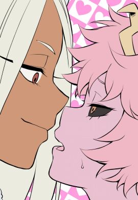 2girls cryptic_trojan dog_666 imminent_kiss killfile mina_ashido miruko my_hero_academia pink_hair pink_skin tagme yuri