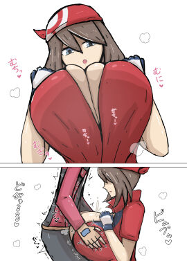 1boy 1girls 2koma alternate_ass_size alternate_breast_size ass big_ass big_breasts blue_eyes breast_grab breast_hold breasts brendan_(pokemon) brendan_(pokemon_rs) brown_hair cleavage color consensual_paizuri consenting_female covered_paizuri cum cum_between_breasts cum_in_cleavage double_breast_grab ejaculation ejaculation_between_breasts engulfing_paizuri female heart huge_breasts japanese_text kazushige large_breasts light-skinned_female light-skinned_male light_skin looking_over_breasts male may_(pokemon) may_(pokemon_rs) nintendo no_underwear open_clothes open_mouth paizuri paizuri_flux paizuri_lead_by_male perpendicular_paizuri pokemon pokemon_rse projectile_cum revealing_clothes shiny_skin shirt_open straight text tomboy unseen_male_face