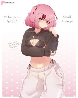 1girls belly_button blush bob_cut bra breasts doki_doki_literature_club embarrassed embarrassed_female english_text female female_only hoodie human long_sleeves looking_at_viewer natsuki_(doki_doki_literature_club) nervous nervous_face petite petite_female pink_hair playing_with_hair raionart short_hair slim_waist small_breasts solo sweater teenager text wide_hips