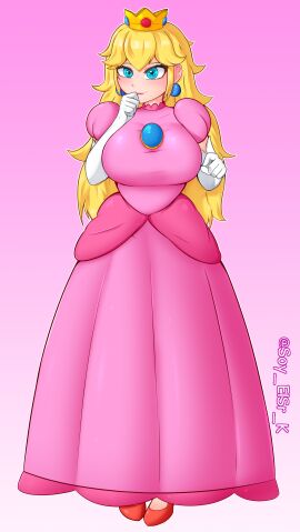 alternate_version_at_source alternate_version_available big_breasts blonde_hair blue_eyes crown dress female female_focus female_only mario_(series) nintendo princess princess_dress princess_peach soy_elsr_k super_mario_bros. white_gloves yellow_hair