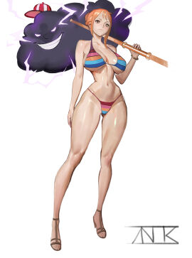 1girls absurdres bangle bare_legs bare_shoulders bikini bracelet breasts brown_eyes cleavage clima-tact closed_mouth clothing cloud collarbone commentary electricity english_commentary evil_grin evil_smile female female_only full_body glowing glowing_eyes grin halterneck hat high_heel_sandals highres holding holding_staff jewelry kimzuno5710 large_breasts legs long_hair mini_hat multicolored_bikini nami_(one_piece) narrow_waist navel official_alternate_costume one_piece orange-haired_female orange_hair sandals sidelocks signature simple_background smile staff standing stomach string_bikini swimsuit thighs white_background zeus_(one_piece) znor