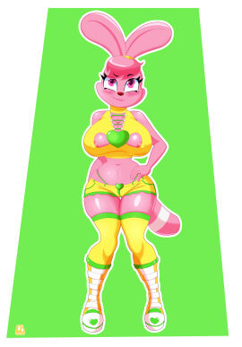 absurd_res anthro boots breasts cartoon_network chowder_(series) clothing cranebear female footwear heart heart_clothing hi_res lagomorph legwear leporid mammal nipples panini_(chowder) pink_body pink_eyes pink_hair pink_nipples pinup pose rabbit shoes solo stockings