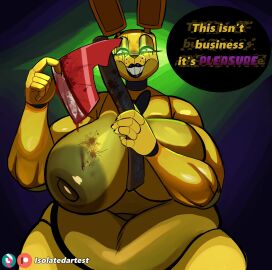 1girls absurd_res accessory animatronic anthro anthrofied areolae axe belly bent_over big_breasts bowtie breasts breasts_bigger_than_head bunny_girl busty chubby chubby_female curvaceous curvy curvy_figure dialogue digital_media_(artwork) english_text eyebrows eyelashes female female_focus female_only five_nights_at_freddy's five_nights_at_freddy's_3 fur furry genderswap genderswap_(mtf) glistening glistening_body glowing_eyes green_eyes hi_res hourglass_figure isolatedartest lagomorph leporid lipstick looking_at_viewer mammal mature_female milf motion_lines nail_polish nipples plump puffy_nipples rabbit robot robot_girl rule_63 solo spring_bonnie spring_bonnie_(fnaf) springtrap_(fnaf) tagme text thick_thighs video_games voluptuous voluptuous_female wide_hips yellow_body yellow_fur