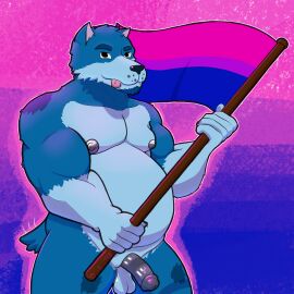 absurd_res animal_humanoid anthro balls bisexual_pride_colors blue_body blue_fur canid canine canis domestic_dog dumbasswolf flag flag_(object) fur genitals hi_res holding_object humanoid lgbt_pride lgbt_pride_month looking_at_viewer male mammal nipples nude overweight overweight_male penis pride_colors smile solo tail tongue tongue_out