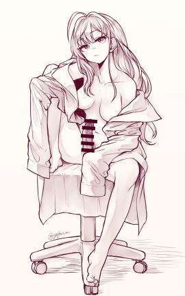 1futa bar_censor breasts censored chair clothed clothing erection futa_only futanari gojarun highres human ichinose_shiki idolmaster idolmaster_cinderella_girls intersex labcoat long_hair looking_up monochrome mostly_nude nude office_chair penis sitting solo swivel_chair