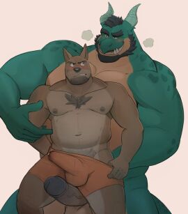 2boys anthro bara beard belly between_legs blush boxers brown_fur bulge canid canine canis chest_tuft clothed_male_nude_male couple cowboy_shot domestic_dog dragon erection erection_under_clothes facial_hair foreplay full_beard furry furry_male furry_with_furry gay girthy_penis goatee green_horns highres horns large_pectorals male male_focus male_underwear male_underwear_pull mature_male multiple_boys multiple_males muscular muscular_male nipples nude original pectorals penis penis_outline plump precum precum_through_clothes size_difference smirk standing tail thick_beard thick_eyebrows tusks uncensored underwear undressing yaoi zcdartz