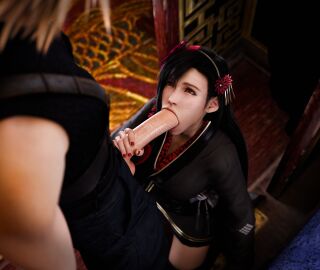 1boy 1girls 3d 3d_(artwork) :>= black_hair blonde_hair blowjob bwc clothed_sex cloud_strife cyberbolt fellatio final_fantasy_vii final_fantasy_vii_remake grabbing_penis hi_res highres huge_cock indoors kimono kneeling large_penis long_hair on_knees penis_out sex spiky_hair square_enix straight tifa_lockhart very_high_resolution