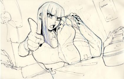 angry angry_expression annoyed_expression barefoot black_and_white black_hair black_nail_polish black_nails blue_eyes boots boots_removed draft dyed_hair ear_piercing earrings eatnotit english_text fast_food fast_food_uniform feet_together female food_on_feet foot_fetish foot_focus goth_girl hime_cut holding_with_feet kiryu-sketchbook line_art maddie_(eatnotit) madelyn_(eatnotit) mayonnaise no_color painted_toenails piercings purple_hair_streaks sandwich sandwich_(food) scrunched_soles shoes shoes_removed smelly_feet soles soles_female streaked_hair sub_sandwich submarine_sandwich toenail_polish toes yelling