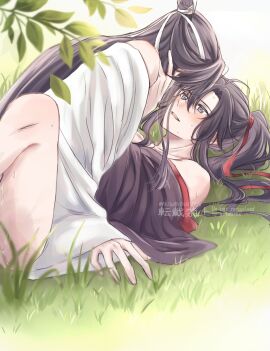 2boys ahoge anal bare_legs bare_shoulders black_hair black_hanfu blurry blurry_foreground blush bottomless boy_on_top chinese_clothes couple eye_contact grass grey_eyes hair_ribbon hand_on_another's_neck hanfu headband high_ponytail highres implied_sex lan_wangji leaf long_hair looking_at_another lying male male_focus missionary modao_zushi multiple_boys multiple_males off_shoulder on_back open_mouth out-of-frame_censoring outdoors partially_undressed ponytail red_ribbon ribbon robe semiusa1010 sex sidelocks smile sweat topknot twitter_username watermark wei_wuxian white_hanfu white_headband yaoi