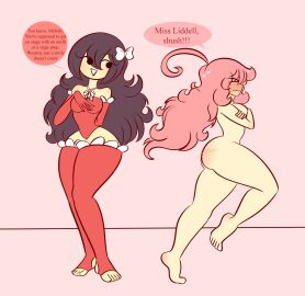 2girls absolutely_nothing_on ass ass_blush barefoot black_hair blush blushing breasts butt_blush closed_eyes clothed_female clothed_female_nude_female completely_naked completely_nude covering covering_breasts covering_self dialogue embarrassed embarrassed_nude_female enf english_text female limb_(limbros) limbros long_hair melody_(limbros) naked naked_female nude nude_female on_one_leg only_one_naked original pink_hair running running_away simple_background speech_bubble text thick_thighs wavy_mouth wide_hips