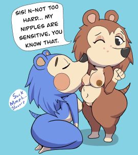 alonelyopossum animal_crossing anthro ass belly big_ass big_butt breast_play breast_sucking breasts draggieposs duo eulipotyphlan female female/female genitals hedgehog hi_res incest_(lore) mabel_able mammal nintendo nipple_fetish nipple_play nipple_suck nipples pussy rodent sable_able short_stack sibling_(lore) sister_(lore) sisters_(lore) speech_bubble sucking