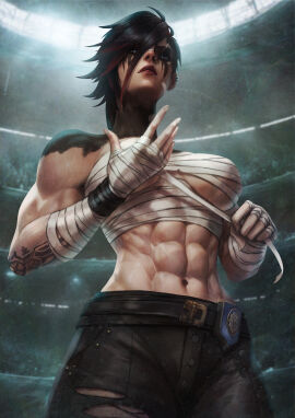 1girls abs arcane arcane_brawler_vi arena bandage bandaged_arm black_hair breast_bandage breasts ear_piercing female female_focus female_only goth goth_girl league_of_legends makeup monorirogue muscular muscular_female nose_piercing piercing riot_games short_hair solo solo_female solo_focus standing tattoo tattooed_arm vi