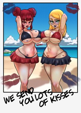 2girls beach big_breasts bikini blonde_hair blue_eyes breasts cleavage english_text female female_only glasses lipstick lipstick_mark makeup matching_underwear miniskirt multiple_females multiple_girls oc polaroid postcard rainbow_party red_eyes red_hair revealing_clothes short_skirt skirt skom_(artist) text wide_hips