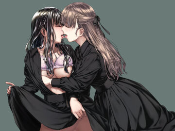 2girls areola_slip black_dress black_hair black_ribbon bra bra_lift breasts brown_hair closed_eyes clothes_lift commentary_request dress female french_kiss grabbing grabbing_another's_breast green_background hair_censor hair_ribbon highres kissing large_breasts lifted_by_self long_hair multiple_females multiple_girls no_panties open_clothes open_dress original pink_bra pussy pussy_juice ribbon simple_background skirt skirt_lift takekawa_shin tongue tongue_out underwear yuri