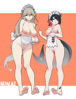 2girls absurdres alexandrina_sebastiane apron apron_lift artist_name barefoot black_hair breasts brown_hair clothes_lift colored_inner_hair ear_piercing ellen_joe feet female fins fish_tail grin hair_between_eyes highres hoyoverse large_breasts lifting_own_clothes long_hair maid_headdress mole mole_under_eye multicolored_hair multiple_females multiple_girls ninai nipples open_mouth orange_background pussy red_eyes red_hair shark_tail sharp_teeth short_hair smile tail teeth toes two-tone_background uncensored upper_teeth very_long_hair victoria_housekeeping white_apron white_background zenless_zone_zero
