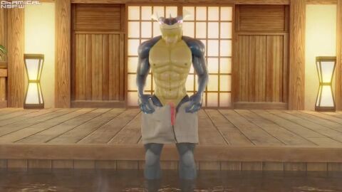 3d 3d_(artwork) 3d_animation animated erect_penis erection greninja looking_at_viewer male male_only okamical penis sauna solo sound steam tagme throbbing towel video water