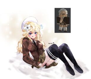 1girls artist_signature beret blonde_hair blue_eyes blush breasts clothed clothing female hat medium_breasts reference_image roblox roblox_avatar robloxian skirt snowiries tagme thighhighs thighs white_flower