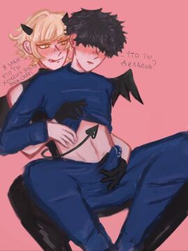 black_gloves black_hair blonde_hair blue_lock boner_in_pants charles_chevalier erection_under_clothes eyes_covered gay ikki_niko licking_lips male male_only niko_ikki precum_through_clothing shirt_lift skinny wings yellow_eyes