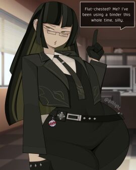 1girls alternate_version_available belly belt dress dyed_hair female forretress gdblight glasses gloves lip_piercing mole_under_eye mole_under_mouth myriad_(gdblight) original_character piercing solo suit text yellow_eyes