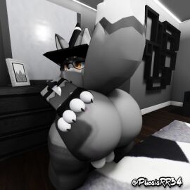 3d ass balls big_ass big_butt clothing cray_(phosisrr34) fluffy fluffy_tail fur furry genitals grey_body grey_fur hand_on_ass hand_on_butt holding_butt huge_ass huge_butt kemono legwear looking_at_viewer looking_back male male/male phosisrr34 presenting presenting_hindquarters roblox robloxian solo standing tagme tail thigh_highs