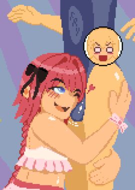 astolfo astolfo_(fate) black_ribbon blue_eyes blue_swimsuit blush bulge bulge_under_clothes chibi femboy heart one_piece_swimsuit pink_hair pink_ribbon pink_swimsuit swimsuit