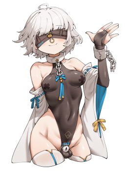 1futa ahoge artist_request balls black_leotard blindfold blush breasts chastity_cage chastity_device collar detached_sleeves dickgirl elbow_gloves flat_chastity_cage futa_only futanari gloves grey_hair highres intersex leotard metal_collar original pasties png short_hair skin_tight skindentation small_breasts small_chastity_cage smile standing testicles thighhighs white_thighhighs