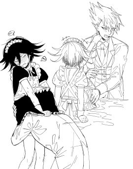 2boys alternate_costume apron blush bossu collared_shirt crossdressing danganronpa danganronpa_v3 enmaided greyscale hair_between_eyes highres jacket long_sleeves maid maid_apron maid_headdress male male_only miri_(bossu_osu) momota_kaito monochrome multiple_boys multiple_males necktie open_clothes open_jacket ouma_kokichi puffy_short_sleeves puffy_sleeves shirt short_sleeves sitting thighhighs wrist_cuffs yaoi