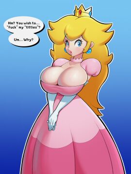 1girls 2024 alternate_version_available arms_under_breasts big_breasts blonde_hair blue_background blue_eyes boob_window breasts breasts_bigger_than_head busty cleavage clothed clothing crown dress earrings elbow_gloves english_text eyelashes female female_focus female_only fully_clothed gradient_background headgear headwear hi_res highres huge_breasts large_breasts light-skinned_female light_skin long_hair looking_at_viewer mario_(series) nintendo overflowing_breasts princess princess_peach question skindentation sleepiitreat solo solo_female speech_bubble super_mario_bros. talking_to_viewer text video_games