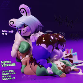 2023 3d absurd_res anthro armwear ass bodily_fluids cake clothing cum cum_in_ass cum_inflation cum_inside dessert digital_media_(artwork) duo food gale_(raspberry-icey) generation_3_pokemon generation_5_pokemon genital_fluids hi_res inflation leggings legwear male male/male milkyeightysix nintendo pokemon pokemon_(species) smoothie_(milkyeightysix) spinda whimsicott