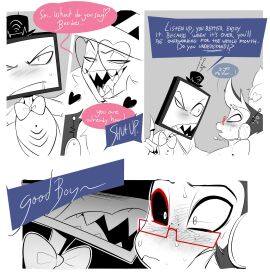 2024 3boys artist_request blush blushing bowtie comic comic_page demon demon_boy demon_humanoid drool english_text gay glasses hazbin_hotel humanoid male moth moth_humanoid sharp_claws sharp_teeth sweat sweating tv_head valentino_(hazbin_hotel) vox's_assistant_(hazbin_hotel) vox_(hazbin_hotel)