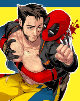 2boys abs arm_hair bara beard belt blush bodysuit brown_hair bulge chest_hair claw_(weapon) clenched_hand closed_mouth deadpool deadpool_&_wolverine_(2024) facial_hair flaccid gay gloves green_eyes jacket james_howlett large_pectorals logan_(x-men) long_sleeves male male_only marvel marvel_cinematic_universe marvel_comics mask mature_male multiple_boys multiple_males muscular muscular_male navel nipples pectoral_grab pectorals penis puckered_lips red_bodysuit red_mask short_hair stab sweat torn_bodysuit torn_clothes wade_wilson wakatobi_chakku weapon wolverine_(x-men) x-men yaoi