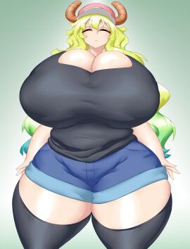 1girls antlers black_tank_top blonde_hair breasts closed_eyes female hat horn horns kailyn kobayashi-san_chi_no_maidragon large_breasts larger_female latex_stockings legwear lucoa lucoa_(maidragon) quetzalcoatl_(dragon_maid) short_jeans short_pants short_shorts tank_top thick_thighs wide_hips