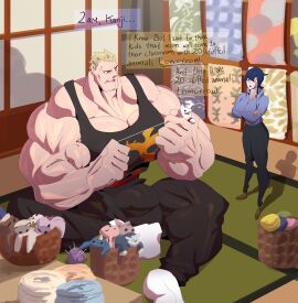 biceps big_bulge big_muscles blonde_hair blue_hair bulge clothed clothing female huge_bulge huge_muscles hyper hyper_bulge hyper_muscles indoors japanese_house kanji_tatsumi macro male muscles muscular muscular_male no_visible_genitalia pecs persona persona_4 piercing sewing shirogane_naoto sitting size_difference socks stuffed_animal stuffed_toy tatsumi_kanji vaniwall