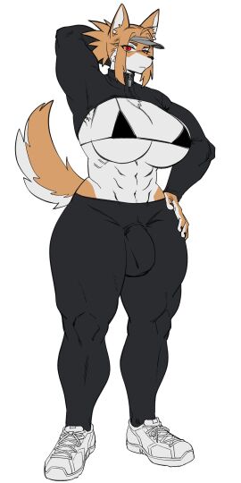 absurd_res anthro big_breasts bottomwear bra breasts brown_body brown_fur bulge canid canine canis chest_tuft clothing domestic_dog exposed_breasts footwear fur futanari hair hat headgear headwear hi_res intersex jina_choi kissxmaker mammal midriff multicolored_body multicolored_fur muscular muscular_anthro muscular_futa muscular_intersex pants red_eyes rtr shoes solo tail topwear tuft underwear white_body white_fur zipper