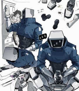 1boy abs bug cracker68659106 crossed_fingers erection female highres jacket male male_focus navel non-human original penis pipebomb_(cracker68659106) precum robot robot_humanoid screen_face sex_toy shoes sitting trembling vibrator vibrator_on_penis white_background zzz