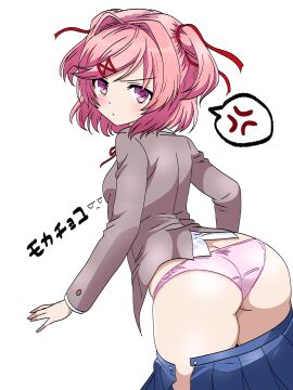 1girls anger_vein ass big_ass big_butt blue_skirt bubble_ass bubble_butt doki_doki_literature_club female female_focus mochachoco natsuki_(doki_doki_literature_club) panties pink_eyes pink_hair pink_panties skirt text thick_thighs