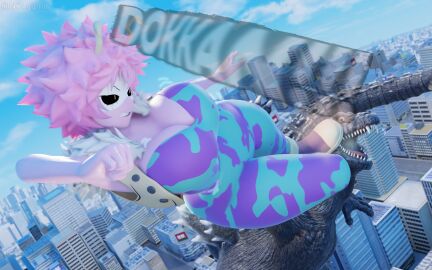 3d black_eyes breasts busty cleavage clothed clothed_female crossover curvy female fighting giant_breasts giantess godzilla godzilla_(series) hero_outfit_(mha) kaiju kicking mina_ashido monster my_hero_academia ncoughar voluptuous