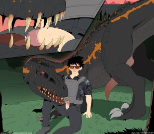 animal_genitalia animal_penis balls bodily_fluids cum cum_in_mouth cum_inside cum_on_penis digital_media_(artwork) dinosaur duo erection fellatio feral genital_fluids genitals indoraptor jurassic_park_(franchise) jurassic_world jurassic_world_fallen_kingdom looking_up male male/male mammal naked nude open_mouth oral penis quangdoann reptile ripper_(jurassic_world) rope scalie sex sharp_teeth simple_background teeth tongue universal_studios zoophilia