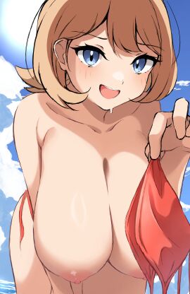 bikini breasts holding_unworn_clothes huge_breasts large_breasts looking_at_viewer mika_n95 nipples pokemon pokemon_adventures pokemon_xy short_hair smile solo_female topless topless_female yvonne_gabena