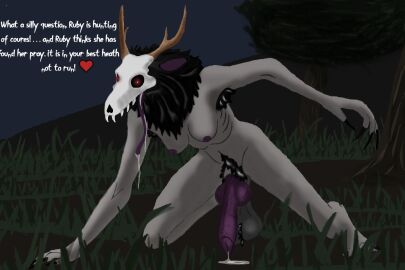 1futa american_mythology animal_genitalia anthro antlers armpit_hair balls bodily_fluids body_hair bone breasts claws dialogue erection futa_only futanari genital_fluids genitals hi_res horn indigenous_north_american_mythology intersex knot long_tongue mythology neck_tuft north_american_mythology precum pubes red_eyes ruby_howler saggy_balls saliva sheath skinny skull solo text tongue tuft wallcroft666 wendigo