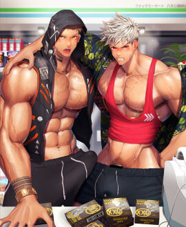 2boys abs absurd_res ambiguous_fluids arm_on_shoulder bara bare_breasts beefy biceps big_breasts big_bulge big_hands blonde-haired_male blonde_hair blonde_male blush blushing_profusely bracelet brand_name_imitation breasts broad_shoulders bulge bulge_through_clothing buying_condoms cashier censor_bar censored censored_penis chain_necklace clenched_teeth cock_ring condom convenience_store delinquent ear_piercing earrings erection erection_under_clothes frown gay gold_jewelry gold_necklace hand_on_hip happy_trail hi_res hoodie huge_breasts hunk indoors jewelry looking_at_viewer male male/male male_only manly mature_male meisho_hanten menacing muscles muscular muscular_arms muscular_chest muscular_male necklace nipple_chain nipple_piercing nipples open_clothes open_mouth oppai original original_character pecs penis pierced_ears pierced_navel pierced_nipples piercing piercings pissed_off pointless_censoring pubic_hair punk punk_boy red_eyes revealing_clothes short_hair six_pack spiky_hair standing steam steamy_breath sweat sweatdrop sweating sweaty tank_top tattoo tattoo_on_neck tattoo_on_wrist tattoos thick_neck tough_guy triceps veiny_arms veiny_belly very_high_resolution very_sweaty vest white_hair yaoi yellow_eyes