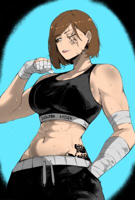 1girls abs anime athletic athletic_female big_breasts blind_eye breasts color color_edit exercise exercise_clothing female female_focus female_only handicapped jujutsu_kaisen kugisaki_nobara light-skinned_female light_skin manga masoq095 medium_hair muscular muscular_female one_eye_closed scar_over_eye solo solo_female solo_focus sweating sweaty toned toned_female training