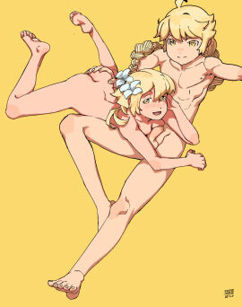 1boy 2022 :d aether_(genshin_impact) ass ass_grab balls barefoot blonde_hair blush braid braided_ponytail brother_and_sister closed_mouth collarbone completely_nude dated feet feet_up female flower genshin_impact hair_flower hair_ornament hand_on_own_cheek hand_on_own_face highres incest long_hair looking_at_viewer lumine_(genshin_impact) lying lying_on_person magi male medium_hair nude on_stomach open_mouth parted_lips penis siblings simple_background smile spread_legs testicles thighs toes twincest twins uncensored yellow_background yellow_eyes